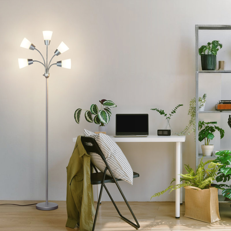 Medusa 78 in. Modern 5-Light Adjustable Gooseneck LED Floor Lamp with 5 Cone Shades, Silver