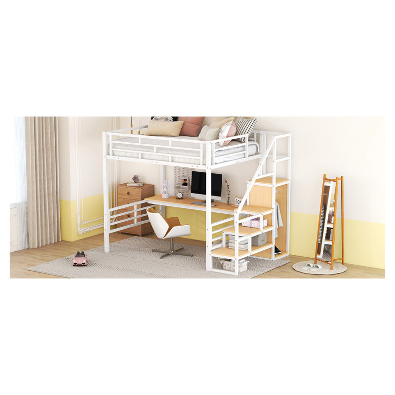 Lit mezzanine double en métal avec bureau, escalier de rangement et petite armoire, escalier de rangement pouvant être installé à gauche et à droite