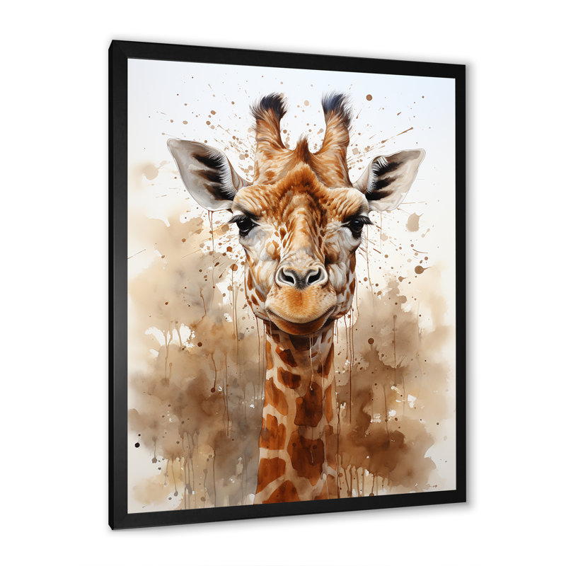 Girafe en sable brun - imprimé, Cadre simple noir, H 32 po x l 24 po x P 1 po