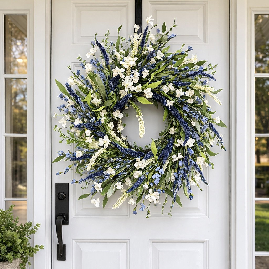 24" Artificial Farmhouse Spring Summer Greenery Foliage Lavender Berry Coastal Wildflower Front Door Wreath