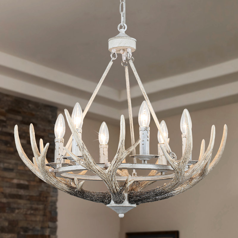 6 - Light 23.6'' Dimmable Rustic Farmhouse Style Resin Antlers Chandelier For Dining Room, Kitchen, Island, Living Room