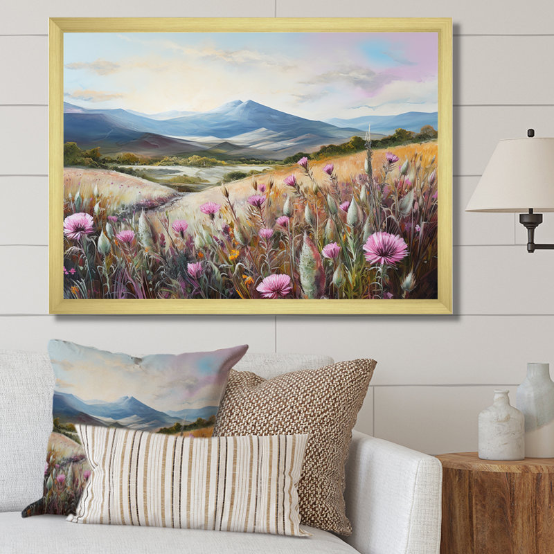 «Purple Thistle Field Mountain Charm I», reproduction sur toile, Encadrement doré, H 34 po x l 44 po