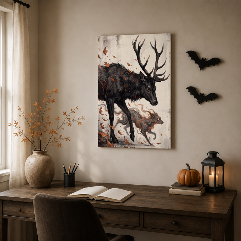 Cerf noir et loup gris parmi les feuilles d'automne - Toile murale d'Halloween, H 24 po x l 16 po