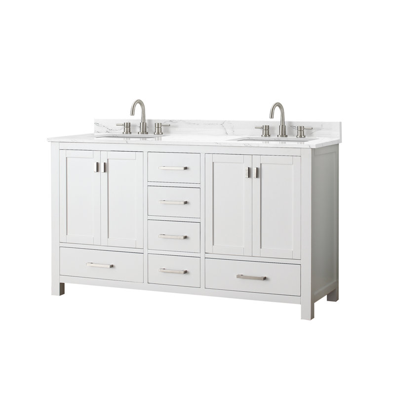 Meuble-lavabo double 60 po avec plateau Souther, Blanc, Marbre blanc de Cala