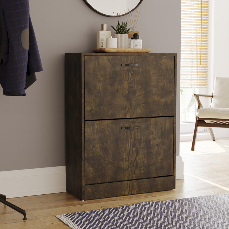 Drawer Flip Down Shoe Storage Free Standing Cabinet For Hallway, Dark Wood, 80" H x 60" W x 24" D