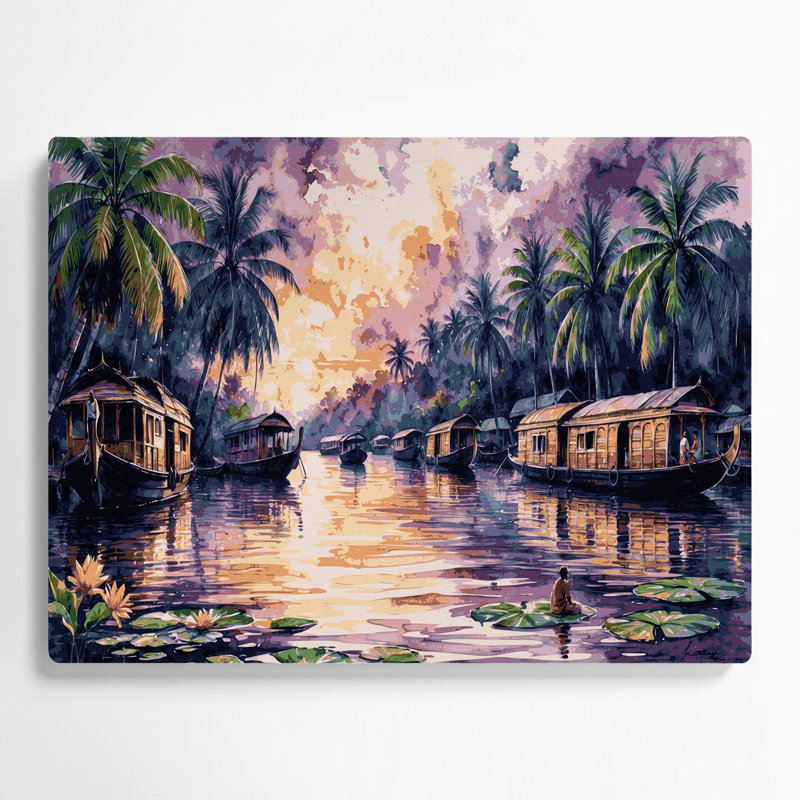 Art mural mauve avec villes, Kerala, Inde, H 11 po x l 14 po