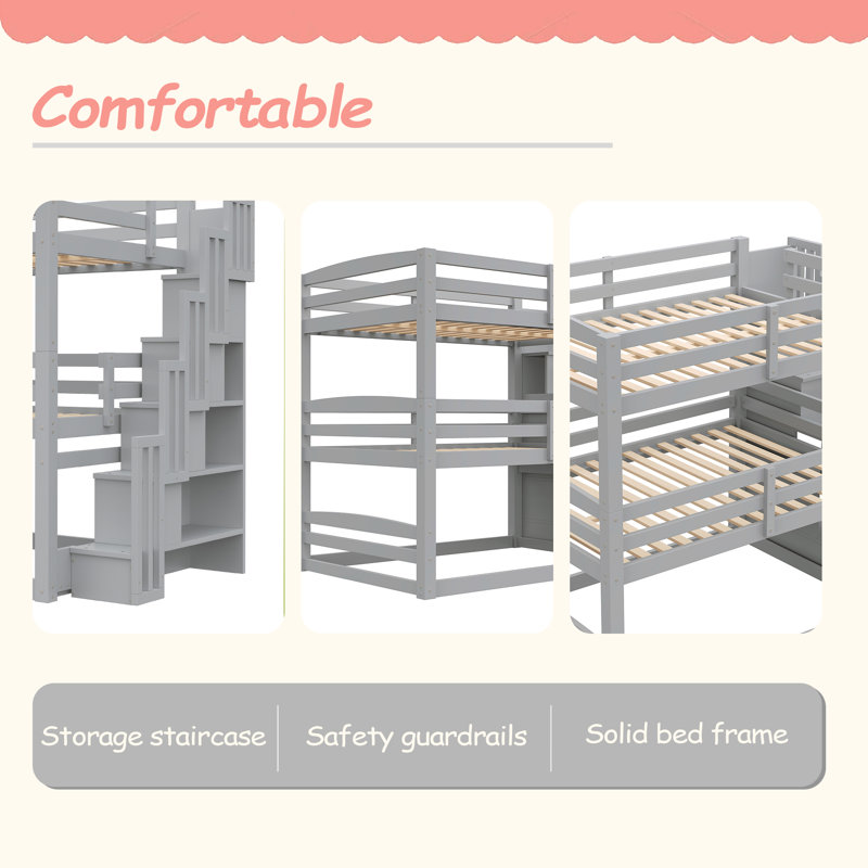 Full Size Triple Bunk Bed With Storage Staircase,Separate Design, Gray