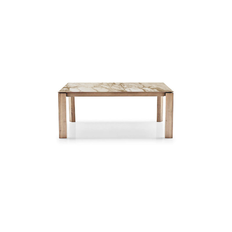 Table extensible avec plateau rectangulaire et pieds en bois Omnie, Placage de fumée, Verre cermanic en marbre doré onyx