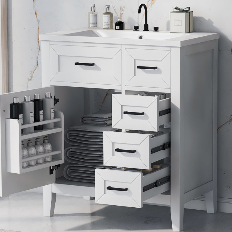 Meuble-lavabo blanc 30 po - Armoire avec tiroirs et tablette, White / Black