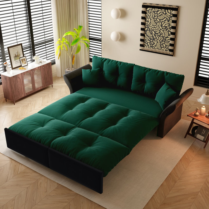 Pull Out Sofa Bed, 3-in-1 Convertible Sleeper Tufted Sofa, Green Velvet