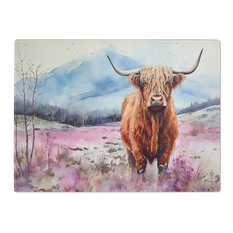 Highland Cow Watercolour  Glass Chopping Board