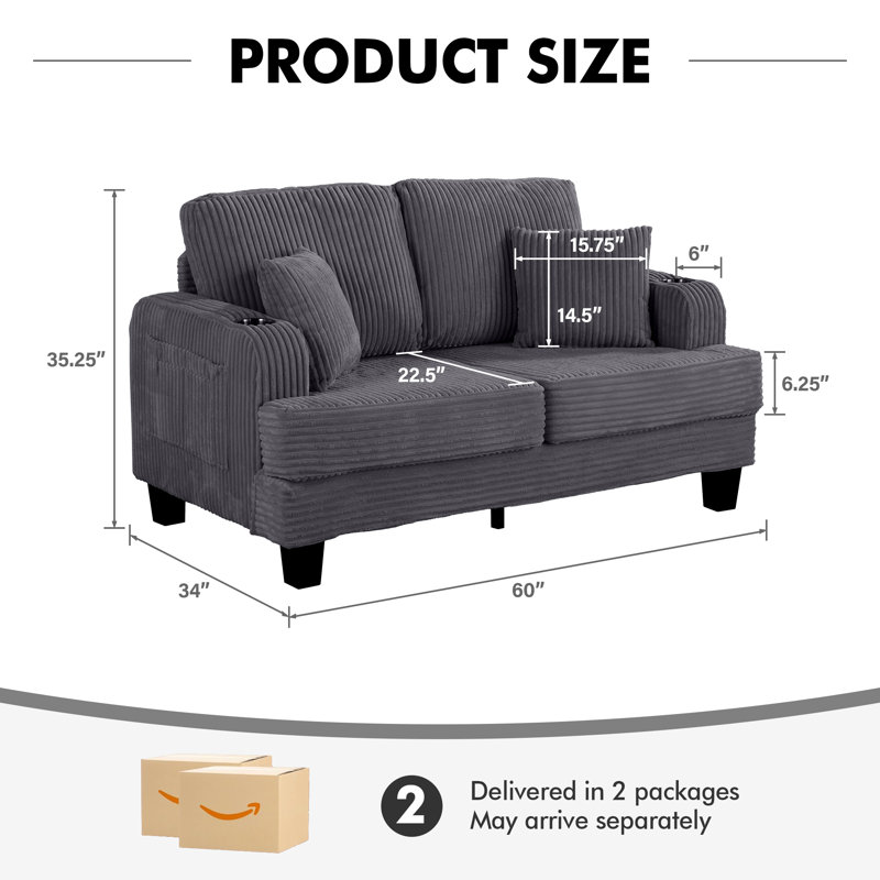  Causeuse rembourrée 60 po, canapé 22,5 po à assise profonde avec porte-gobelet et port USB / Type-C, velours côtelé gris