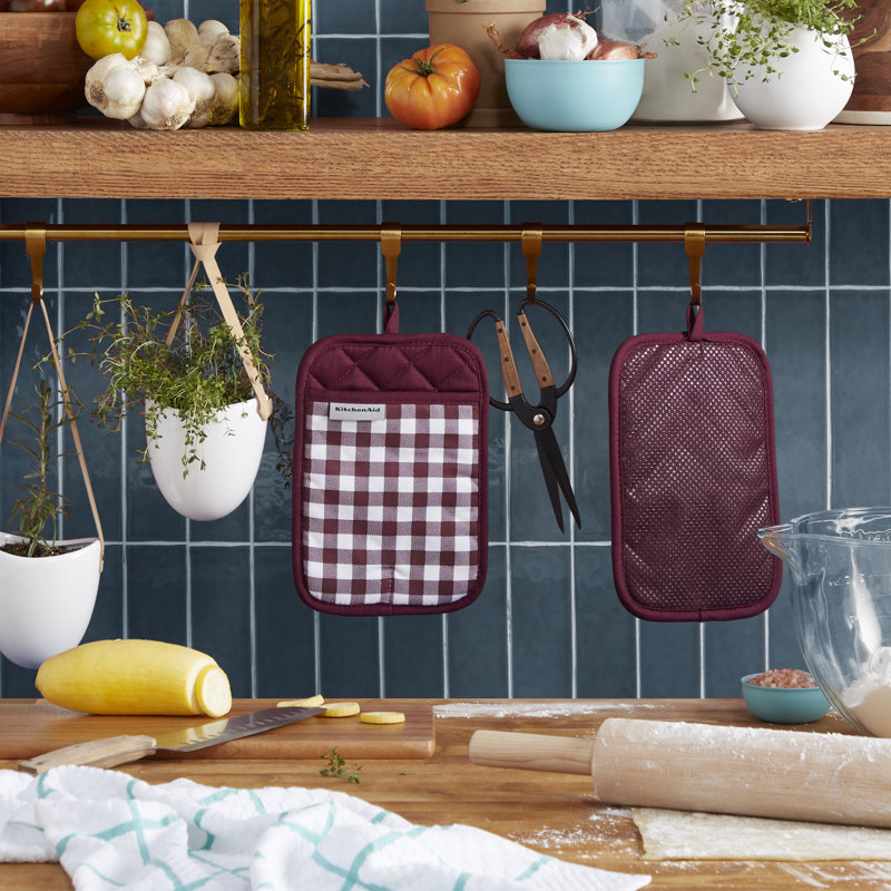 KitchenAid Gingham Pot Holder 2-Pack Set,, 7"x10", Wine