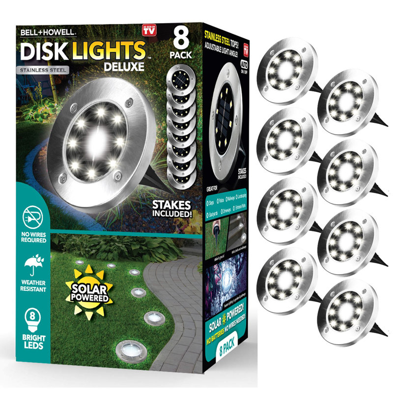 Bell+Howell Solar Powered 4 LED Disk Lights, Wireless Auto On/off Solar Pathway Garden Lights