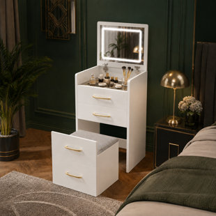 Modern 3-in-1 Convertible Makeup Vanity Table Set with Flashing Flip-Top LED Mirror, Tempered Glass Desktop, and Hidden Storage Nesting Cushion Stool for Small Bedroom, Black