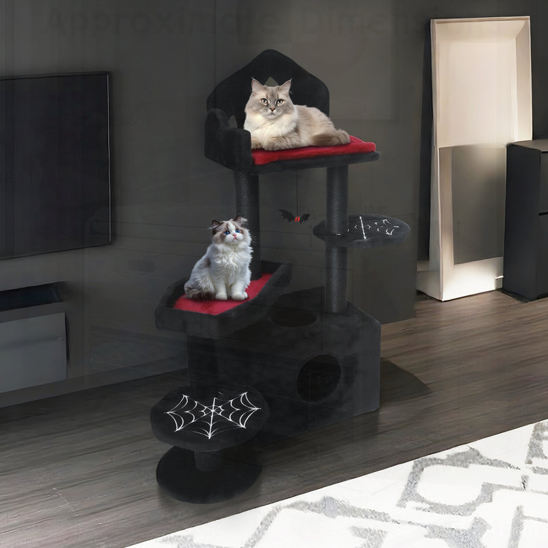 Arbre à chat noir gothique, arbre à chat Spooky multi-niveaux avec poteaux à griffer, perchoirs, hamac et grotte à chat - Tour de chat noir pour chat d'intérieur avec jouet interactif, parfait pour plusieurs chats