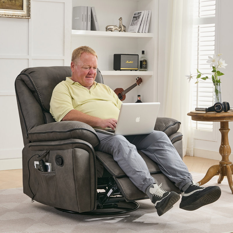 38.5" W Leather Swivel Recliner Chair with Massage and Heating, Gray