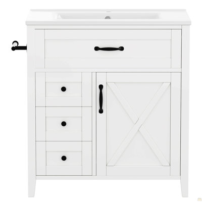 Meuble-lavabo 30 po avec lavabo, meuble-lavabo blanc Farmhouse, meuble-lavabo autoportant à 3 tiroirs, rangement inclinable, tablette réglable, tablettes de porte et barre à serviettes réversible
