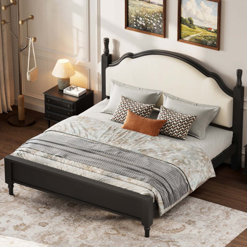 Lit plateforme en bois avec tête de lit tapissier, Beige + noir, Grand lit