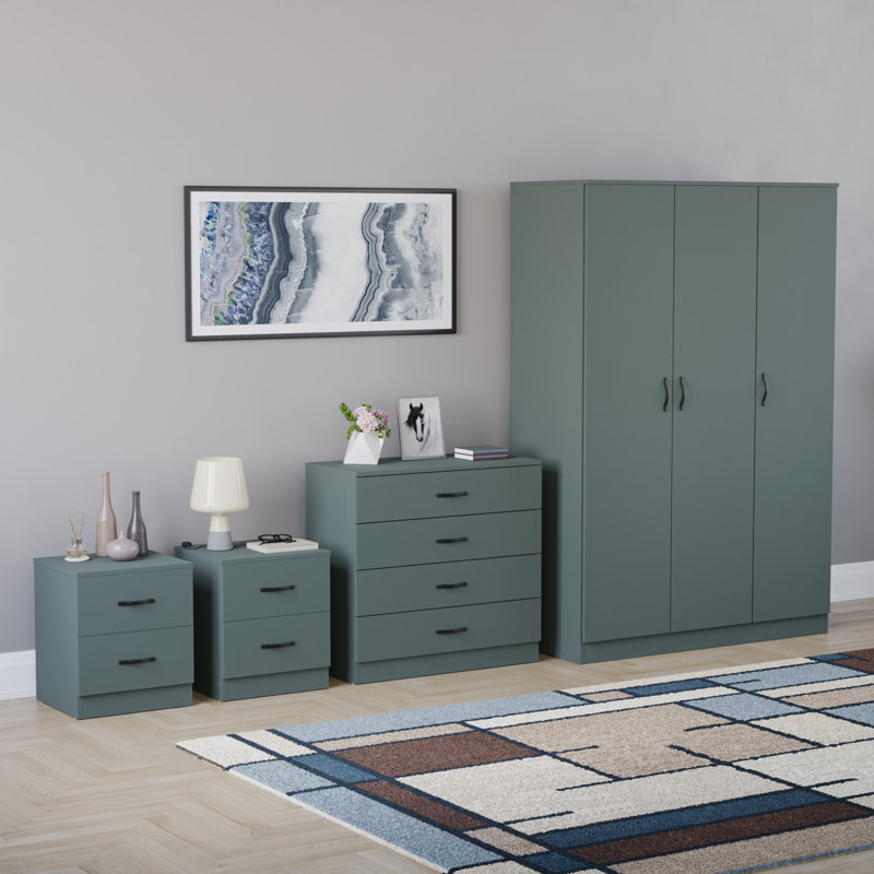 Tayce 4 Piece Bedroom Set (2 Drawer Bedside Chest X2, 4 Drawer Chest, 3 Door Wardrobe), Green