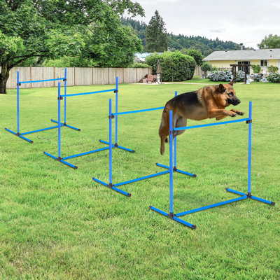 4 Piece Dog Agility Training Compilation Bundle With Adjustable Hurdles, Displacing Top Bar, And Carry Bag For Flat Ground Games, Blue, 25.5" W Ensemb