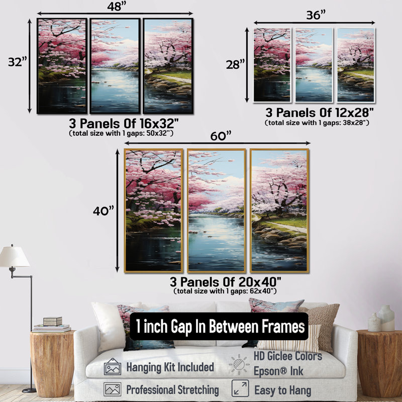 «Cherry Blossom Spring River», ensemble de reproductions d'art mural, H 28 po x l 36 po x P 1 po, Encadrement argenté