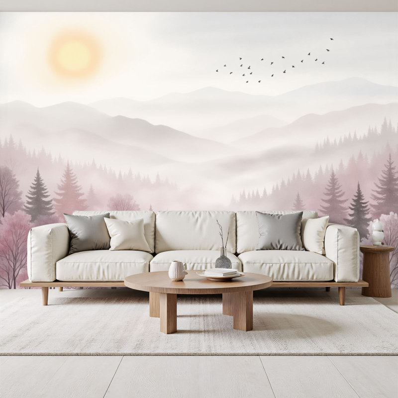 Papier peint à peler et coller Serene Misty Mountain Landscape Sun Forest Silhouettes, L 144 po x l 100 po