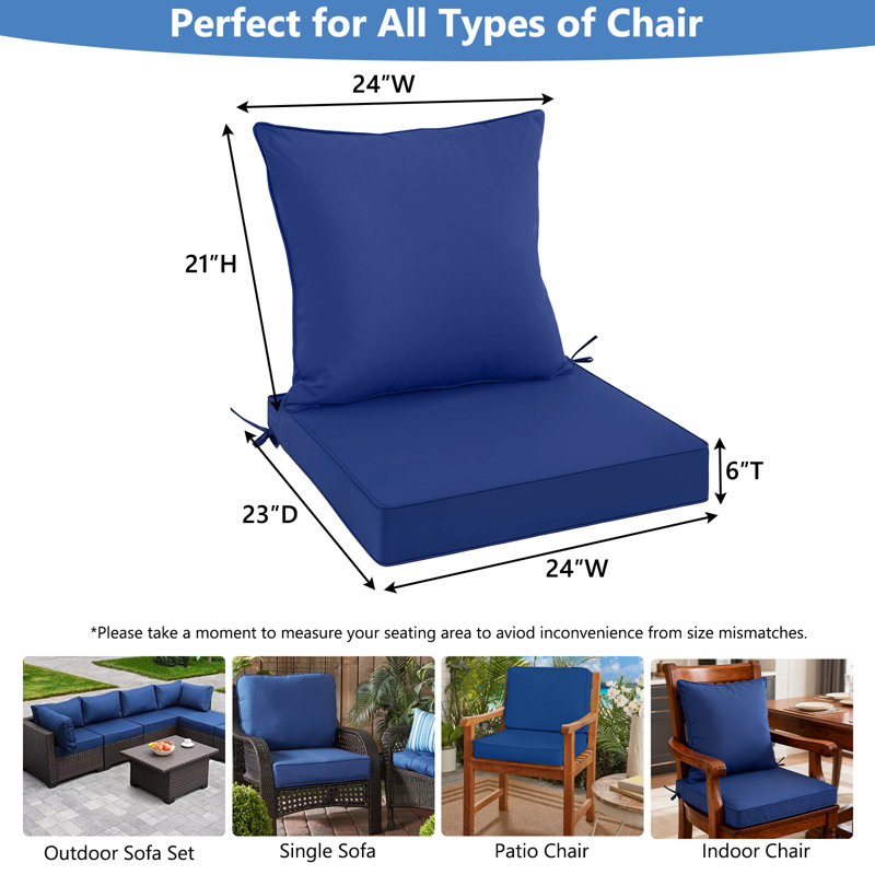 Outdoor Patio Cushion Set (2-Piece) - Weather & UV Resistant, Fits Lounge, Adirondack & Wicker Chairs, Royal Blue, Blue