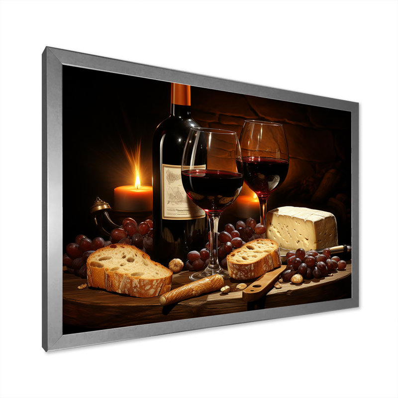 Cheese and Red Wine Charcuterie Board Radiance - Art mural vin, Cadre de coin argenté fermé, H 16 po x l 32 po x P 1 po