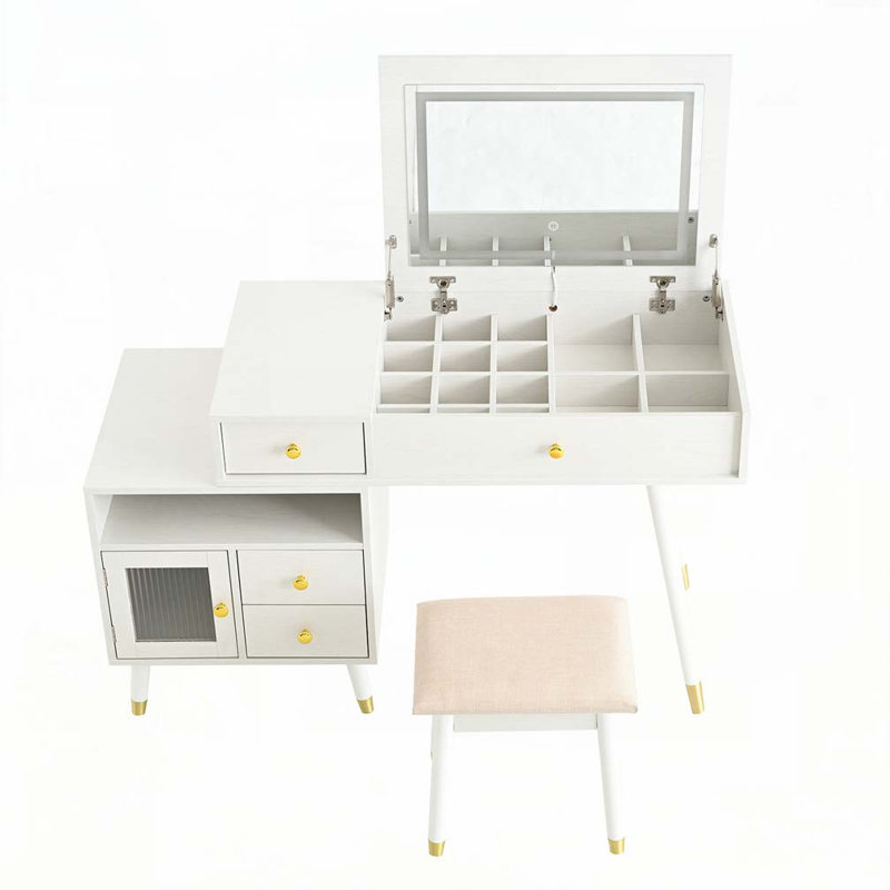 Bureau de coiffeuse avec miroir basculant éclairé et armoire réglable, Blanc