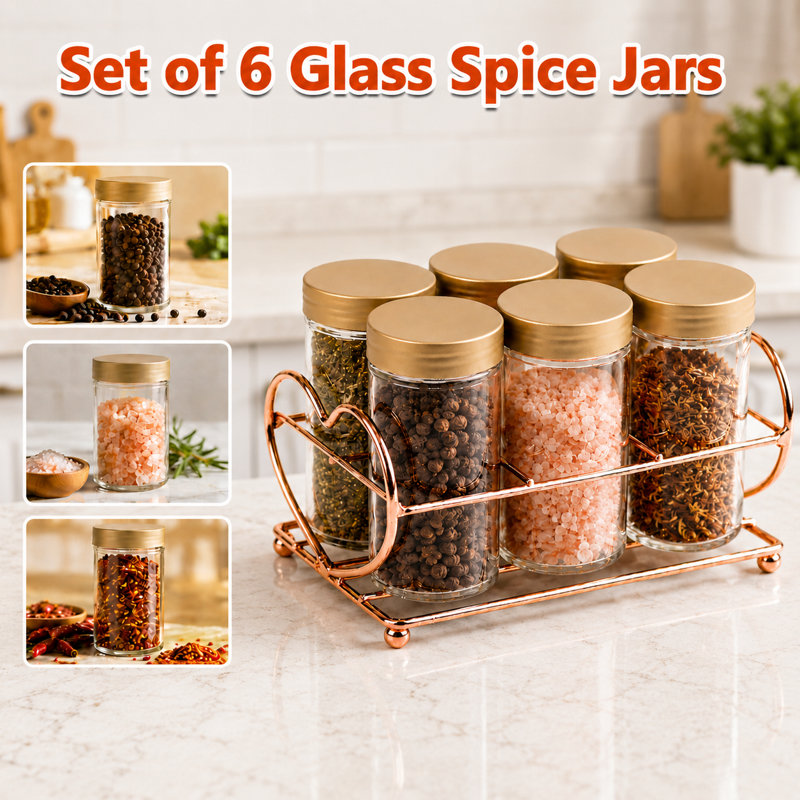 Set of 6 Glass Spice Jars with Copper Finished Rack