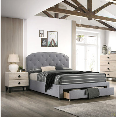 Tissu 1pc grand lit avec tiroir et capitonnage avec tête de lit et mobilier de chambre à coucher