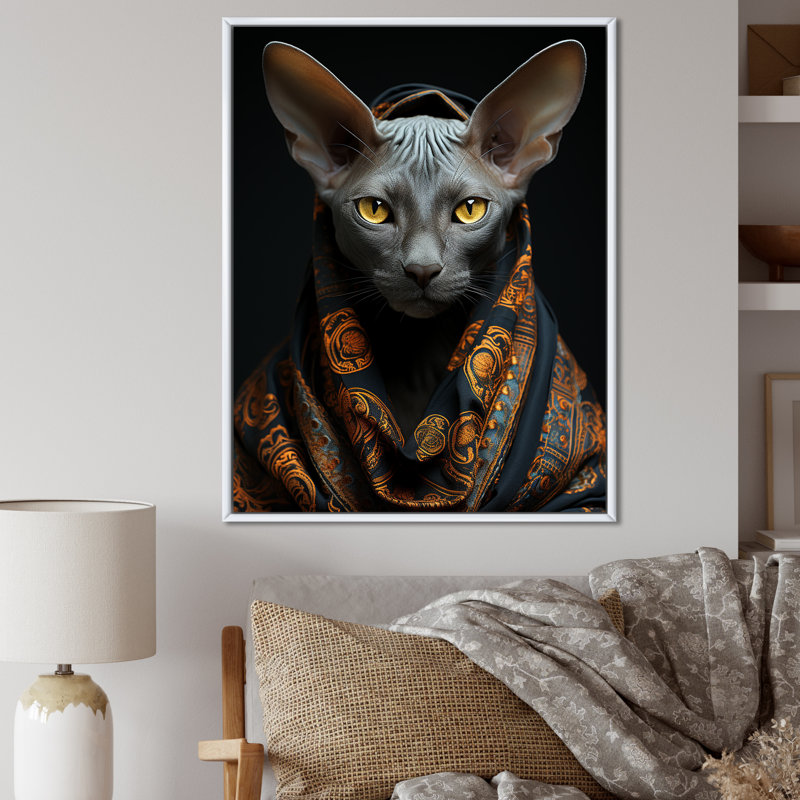 Portrait oriental de chat oriental Opulence II - Chat, décoration murale, H 44 po x l 34 po x P 1,5 po, Cadre flottant blanc