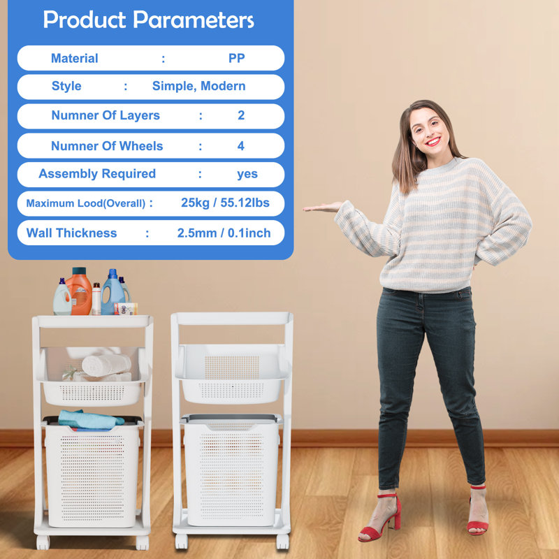 White 2-Tier Rolling Laundry Basket with Removable Baskets and Wheels