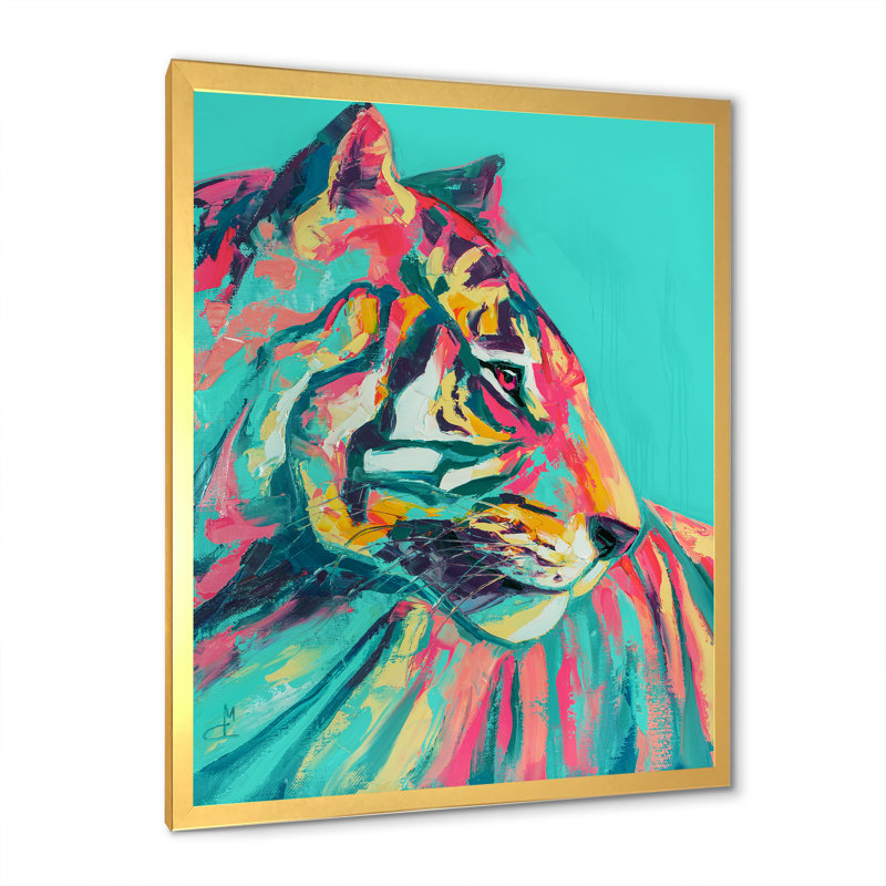 Pop Art turquoise et tigre rose - décoration murale moderne en toile, Toile avec cadre photo doré