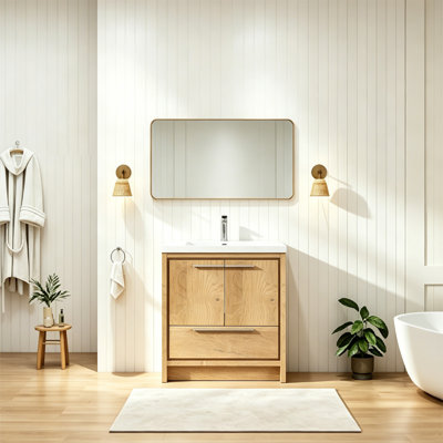  Meuble-lavabo simple 36 po avec comptoir en résine blanc brillant, moderne pour petite salle de bain