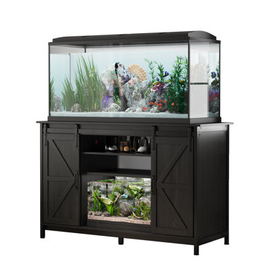 Support de réservoir de poisson 55-75 gallons Farmhouse avec prise de courant, support d'aquarium avec armoire de rangement et porte de grange coulissante, support de réservoir de reptile robuste, pour 2 réservoirs, capacité de 1000 lb
