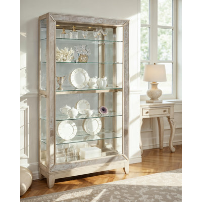 Armoire vitrée à miroir à 5 tablettes de style antique en argent vieilli