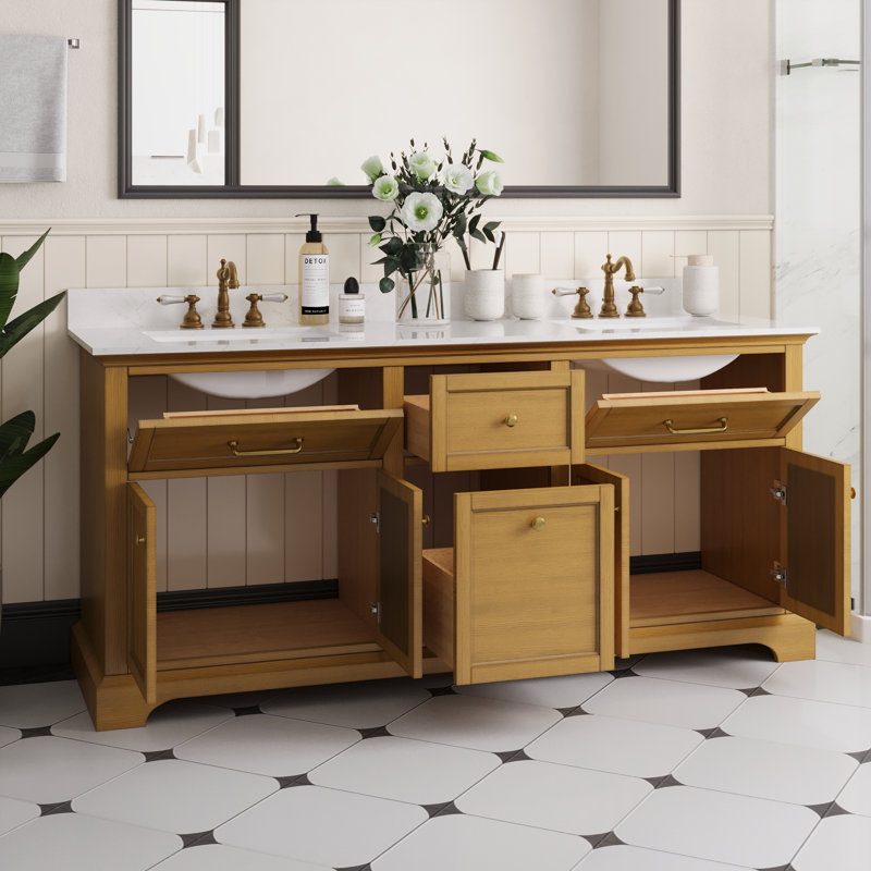72" Walnut Freestanding Double Bathroom Vanity with Marble Top