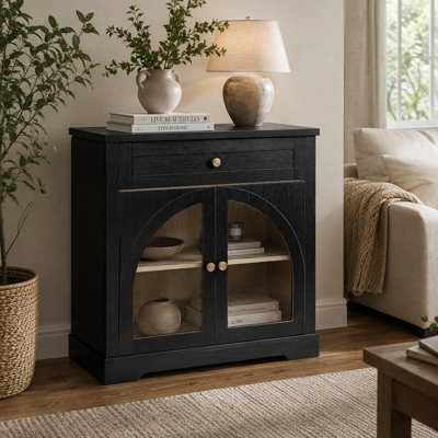 Buffet de 81 cm (32 po) avec 1 tiroir et 2 portes cintrées en verre trempé, meuble de rangement d'appoint avec tablette réglable, noir