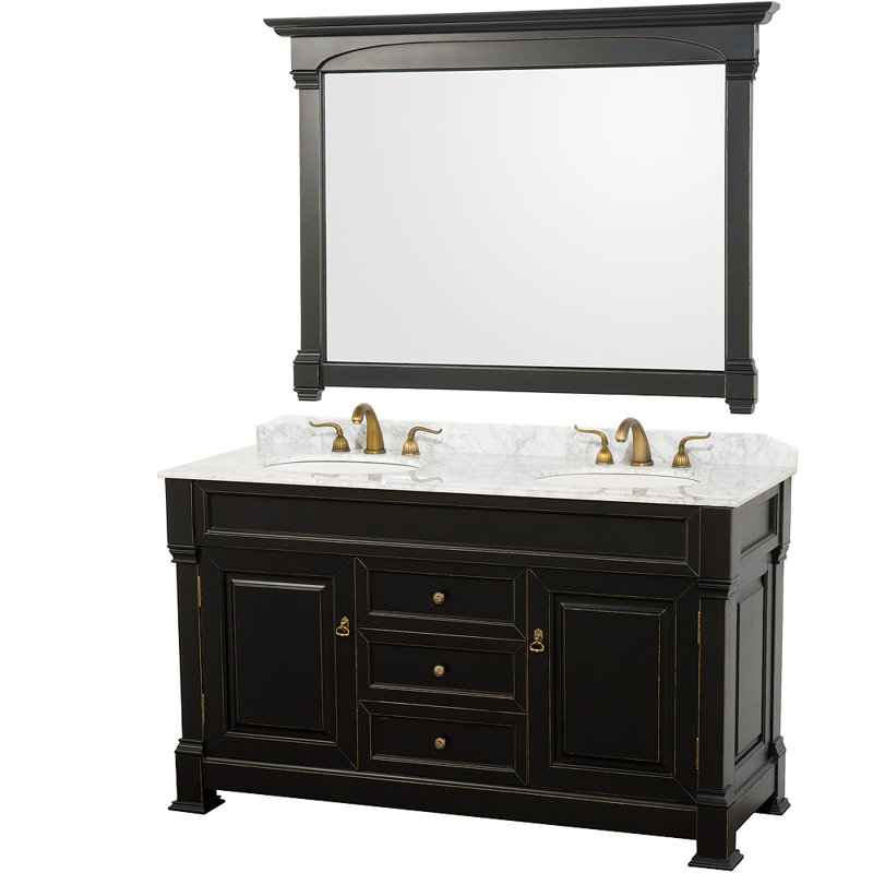 Ensemble de meuble-lavabo double 60 "avec miroir Andover, Noir, Granit brun impérial