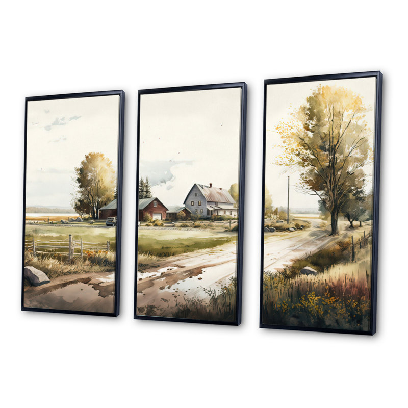 «Path To The Barn II», reproduction sur toile 3 pièces, Cadre noir, H 28 po x l 36 po x P 1 po