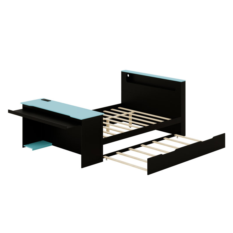 Lit de jour moderne avec lit gigogne et bureau, Noir / Bleu
