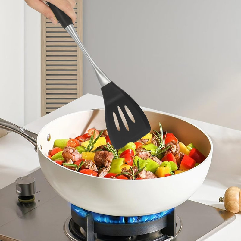 Ensemble d'ustensiles de cuisine en silicone de qualité professionnelle avec poignées ergonomiques - ustensiles de cuisine non toxiques résistants à la chaleur, ustensiles de base en acier inoxydable allant au lave-vaisselle
