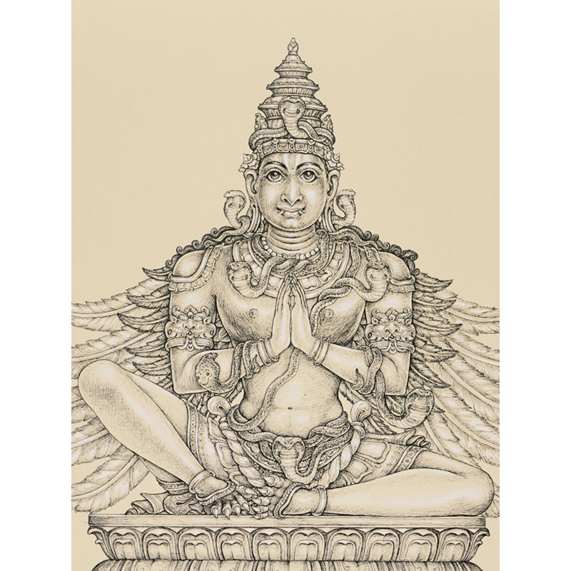 Lord Garuda avec les mains jointes | Stylo et crayon sur papier tonique | Drdha Vrata Gorrick