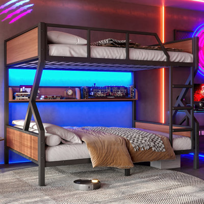 Lit superposé double en métal avec tablettes de rangement, lumières DEL et conception silencieuse pour les familles modernes et les chambres d'amis