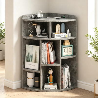 Corner Shelf, Corner Cube Storage Organizer with USB Ports & Power Outlets, Modern Corner Toy Storage Cabinet with Adjustable Shelves, Wooden Display Bookshelf for Living Room, Bedroom, Dining Room, Kitchen