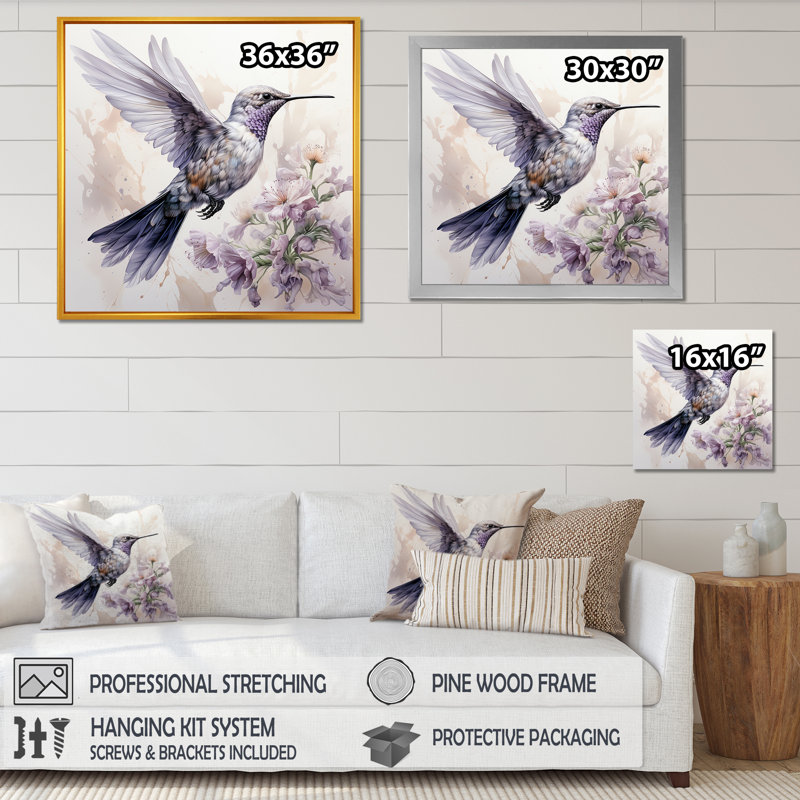 Colibri gris flottant Blooms I - Colibri, art mural animal, Toile tendue, H 16 po x l 16 po