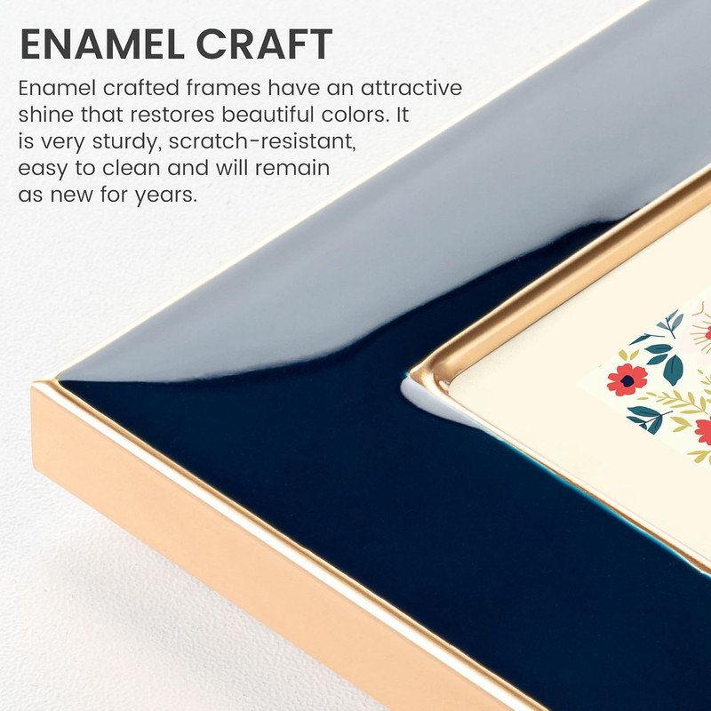 Cadre photo 4 x 6 avec bordure en métal doré, cadre photo bleu marine émaillé avec verre véritable, cadre de table et de mur pour décoration de bureau familial