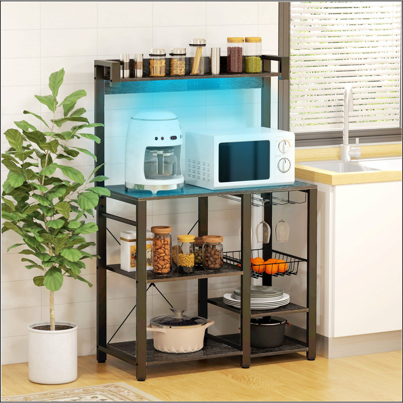 HOMCOM Baker's Rack with Power Outlet and LED Lights, Bakers Racks for Kitchens with Storage, Industrial Microwave Stand with Glass Holders, Metal Basket, Multiple Shelves, Rustic Brown
